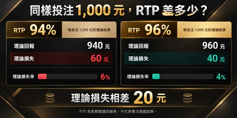 RTP 94% 與 96% 比較，累計投注 1,000 元的理論損失分別為 60 元與 40 元